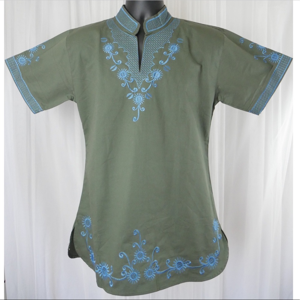 Men’s Embroidered African Dashiki - Olive/Blue